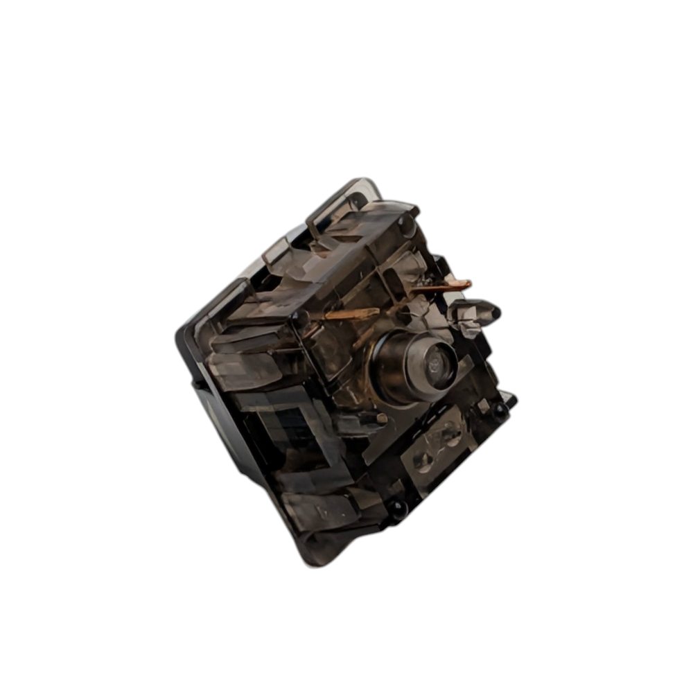 Close-up of a Durock T1 Transparent Black switch showing the tactile stem design for a sharp, satisfying tactile bump and responsive typing.