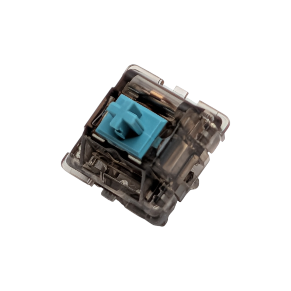 Durock T1 Transparent Black tactile switches for custom mechanical keyboards, featuring a smoky polycarbonate housing and 67g gold-plated spring.