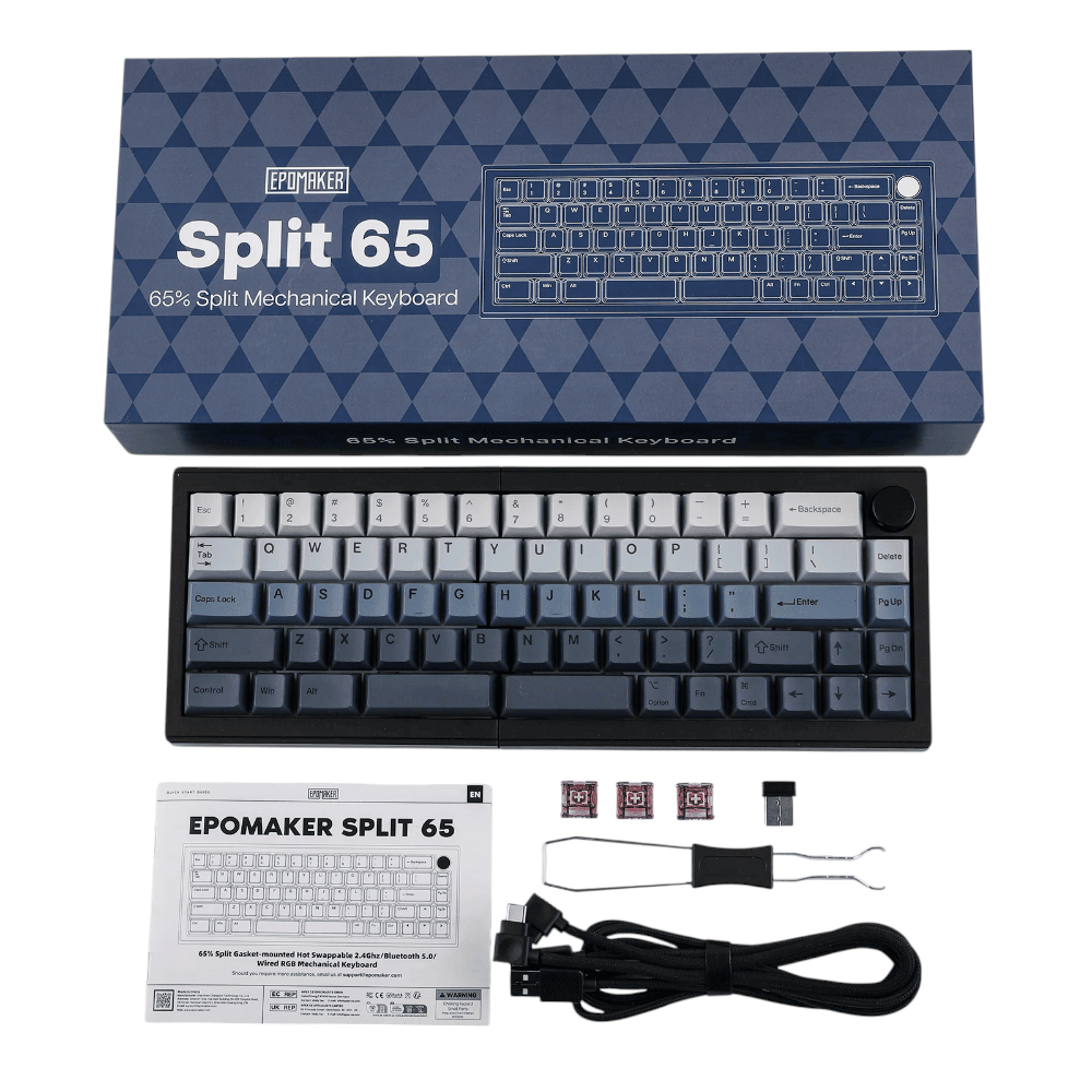 Minimalist white Epomaker Split 65 wireless keyboard integrated into a clean gaming setup with RGB lighting.