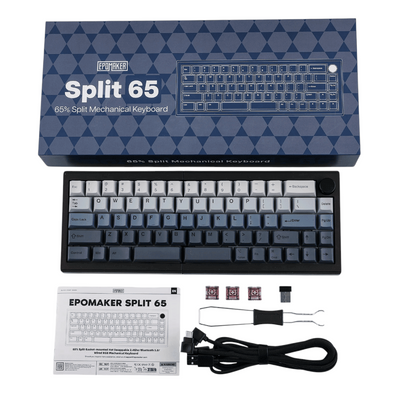 Minimalist white Epomaker Split 65 wireless keyboard integrated into a clean gaming setup with RGB lighting.