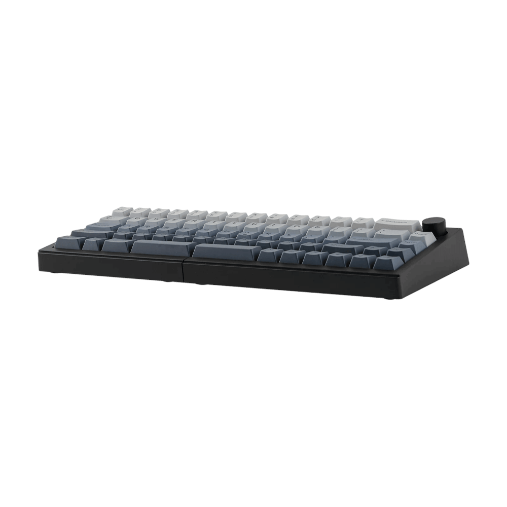Top-down view of Epomaker Split 65 hot-swappable PCB with custom mechanical switches and PBT keycaps.
