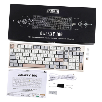 Epomaker galaxy 100 full sized compact  Mechanical keyboard with a beige frame wireless trimode with knob whats in the box 