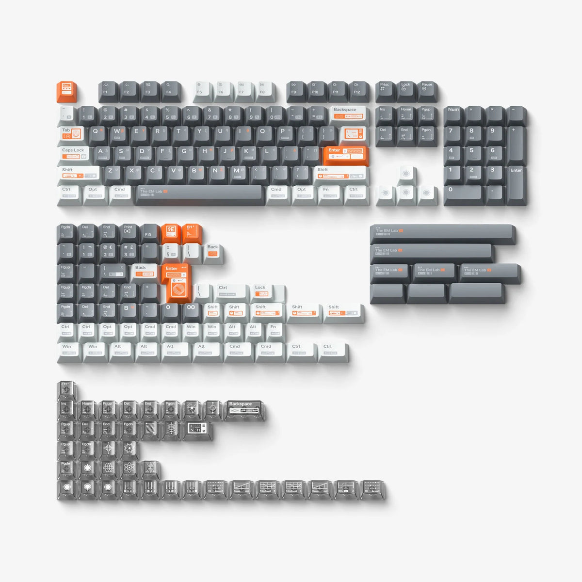 A set of custom mechanical keyboard keycaps arranged in a grid on a light gray background. The keycaps feature a color scheme of dark gray, medium gray, and bright orange, with custom legends printed on them.