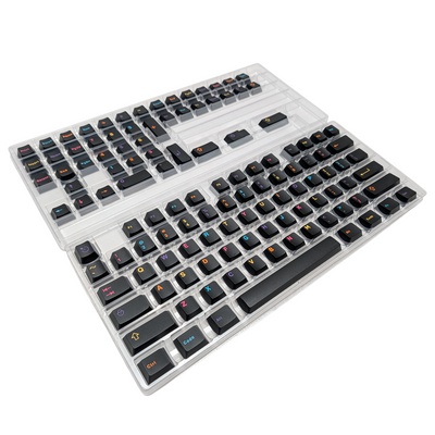 Close-up view of " Fiesta Burst "  custom keycaps showing bright, festive colors and dark background.