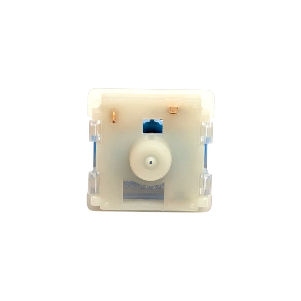 A single mechanical keyboard switch shown from the front, featuring a translucent off-white plastic housing with a central white pivot knob, gold contact points, and a small blue accent.