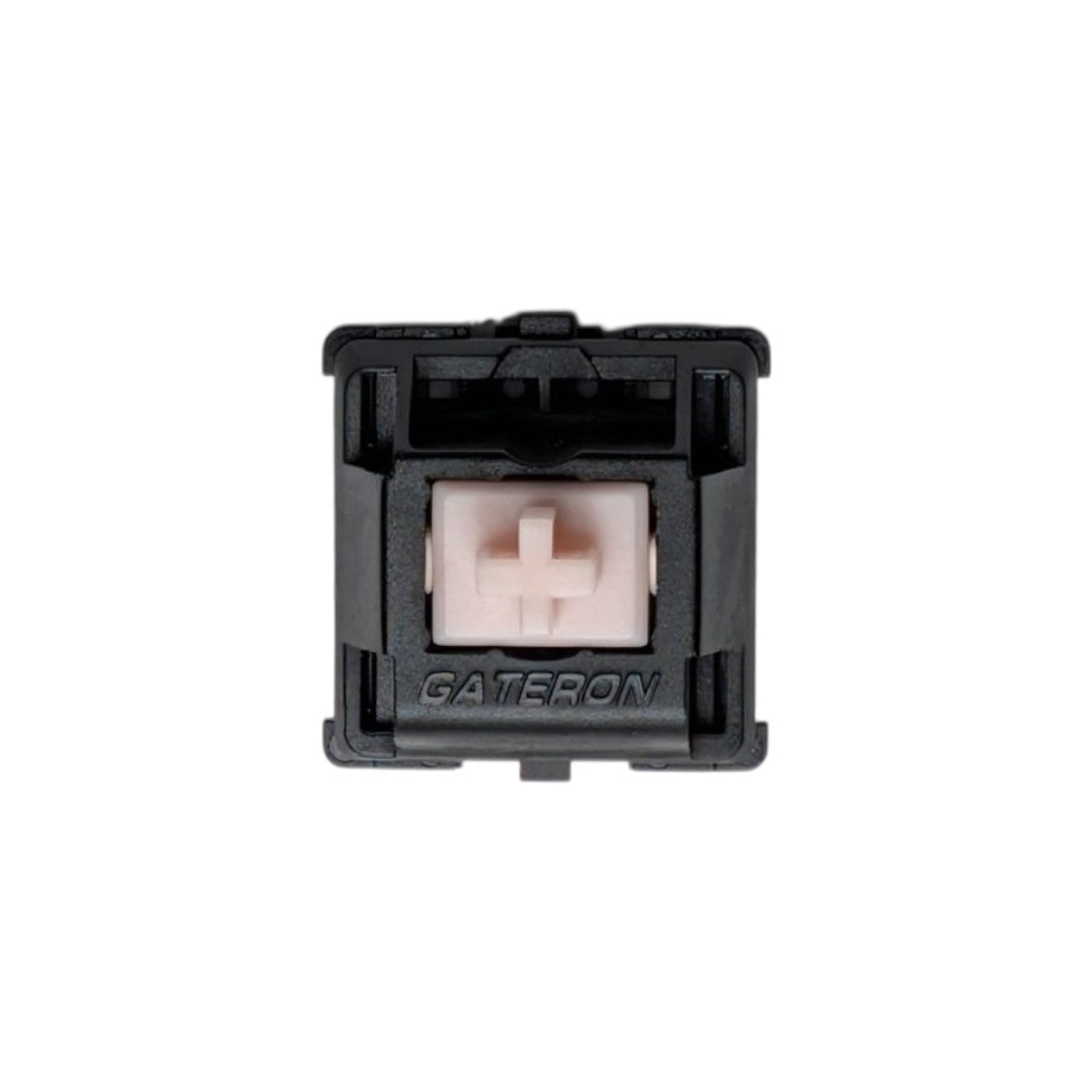 Front view of a Gateron Oil King Pink silent linear switch with a pink stem and black housing front view