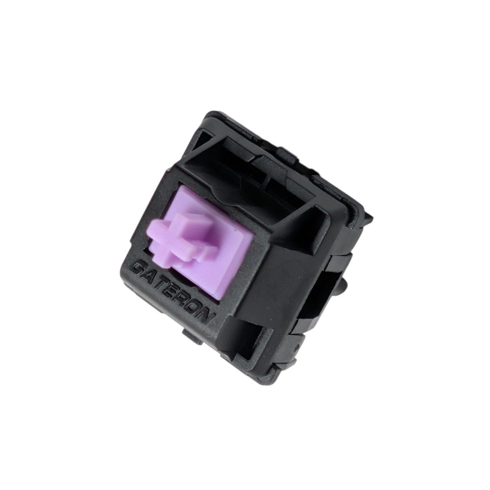 Front view of a Gateron Oil King Purple silent tactile switch with a purple stem and black housing.