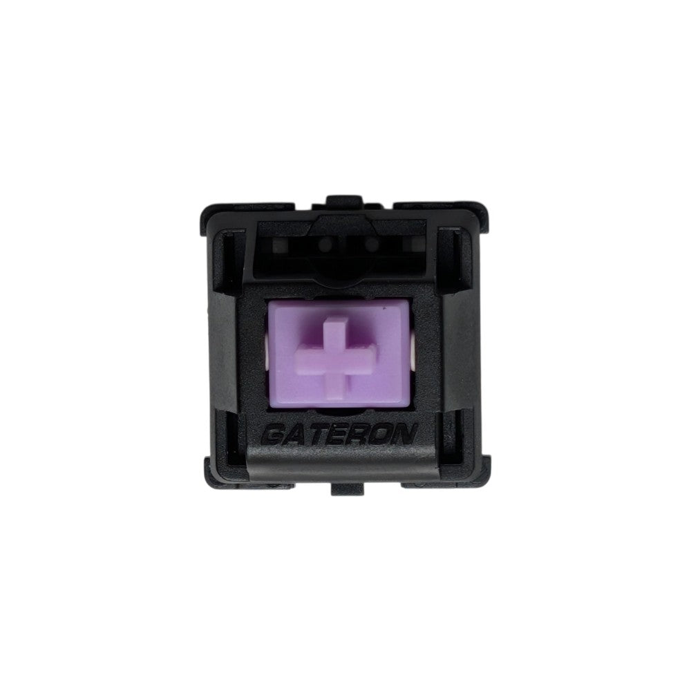 Front view of a Gateron Oil King Purple silent tactile switch with a purple stem and black housing. top view