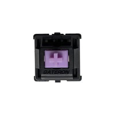 Front view of a Gateron Oil King Purple silent tactile switch with a purple stem and black housing. top view