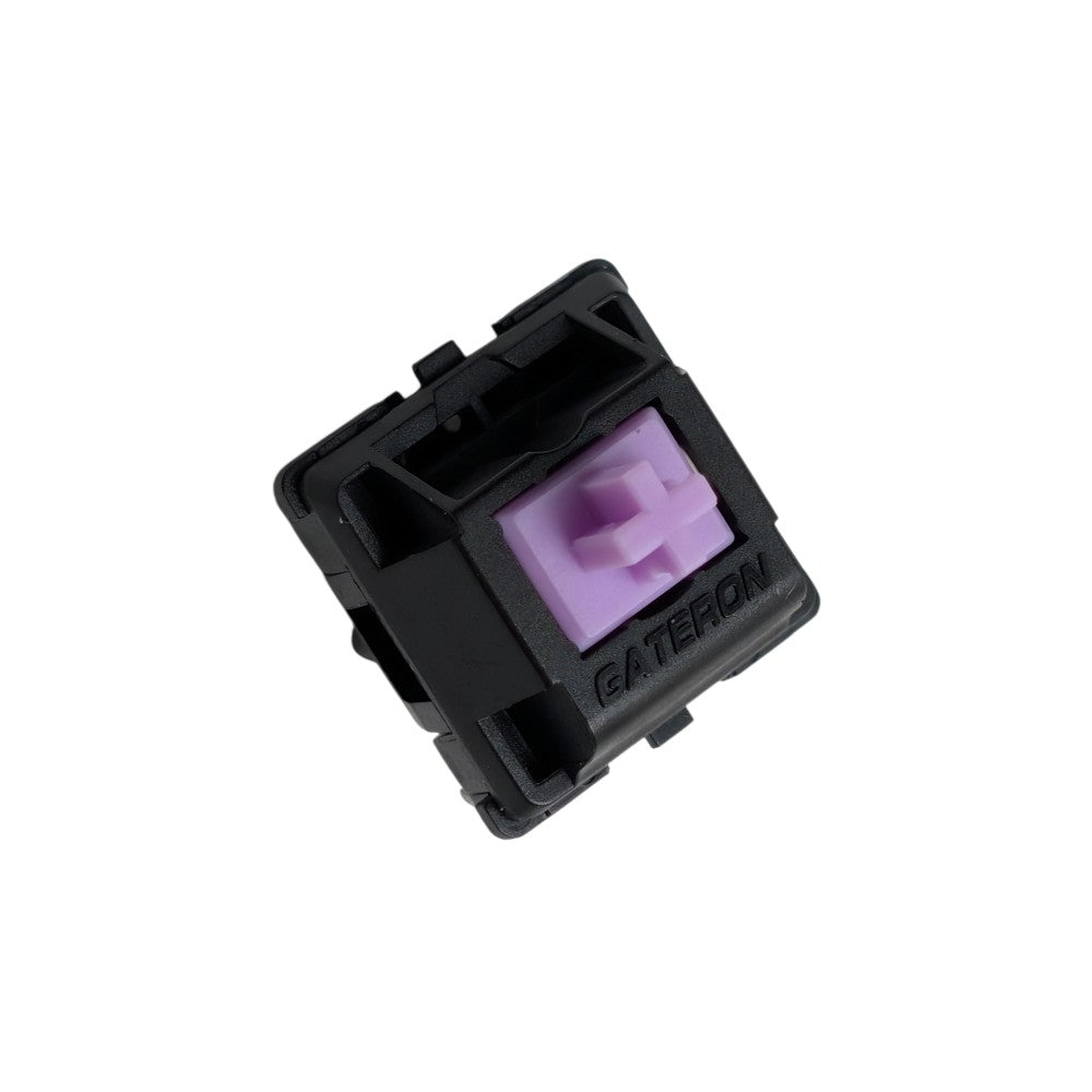 Side view of a Gateron Oil King Purple silent tactile switch showing the mute ring on the stem rail.