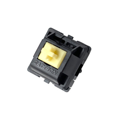 Front view of a Gateron Oil King Yellow heavy tactile switch with a yellow stem and black housing.