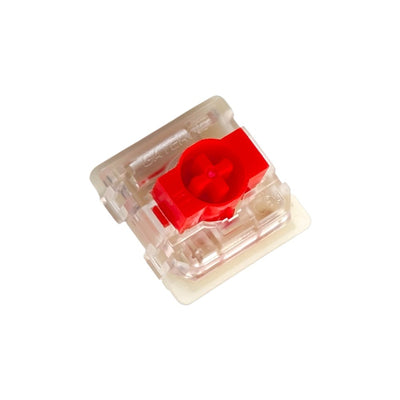 A single mechanical keyboard switch with a translucent clear housing and a bright red center keycap, shown on a plain white background.