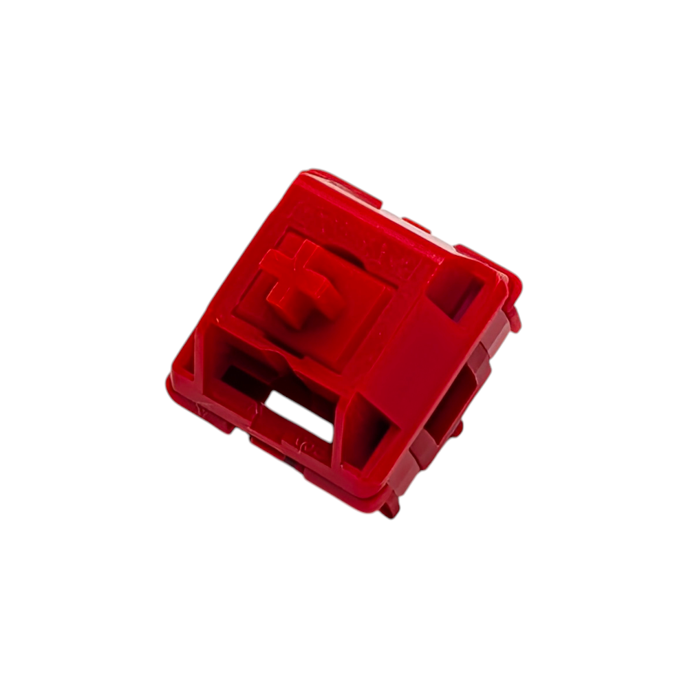 HMX TT Red linear switches for custom mechanical keyboards featuring red stems and clear housings.