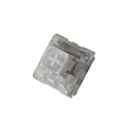 Close-up of a Kailh Box White mechanical keyboard switch featuring the iconic white square box stem for reduced keycap wobble and IP54 dust resistance.