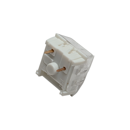 Bottom-view of a 3-pin Kailh Box White clicky switch showing the copper contact pins and translucent PC top housing for SMD LED RGB lighting compatibility.