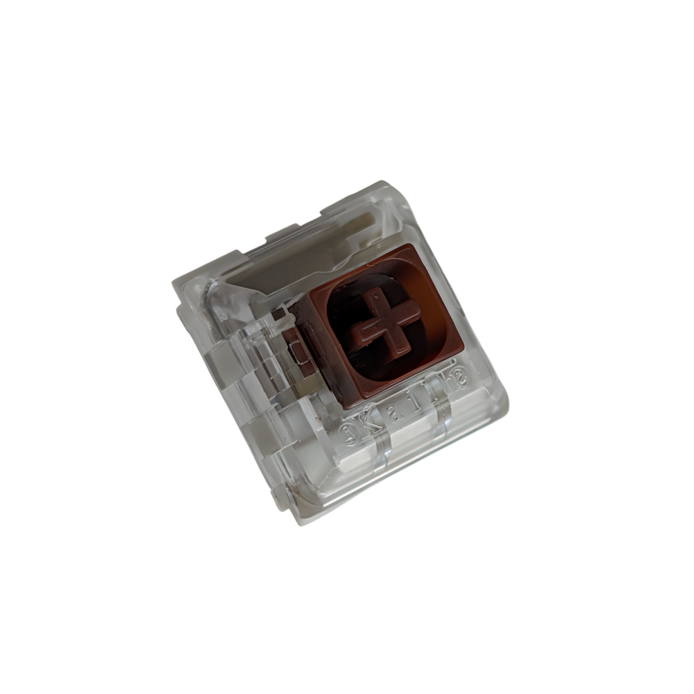 Macro view of a Kailh Box Brown switch showing the transparent PC top housing, ideal for RGB-enabled hot-swap mechanical keyboard builds.
