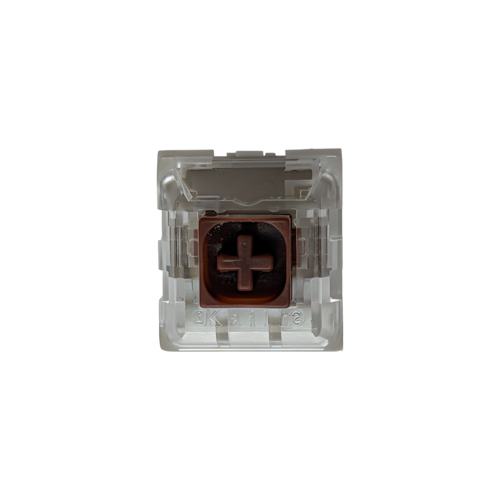 Side-profile of a Kailh Box Brown tactile mechanical switch highlighting the reinforced box stem design that reduces keycap wobble for a stable typing experience.