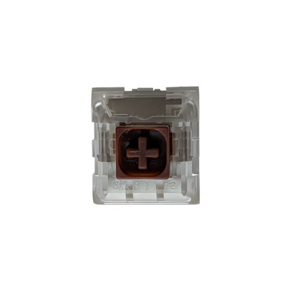 Side-profile of a Kailh Box Brown tactile mechanical switch highlighting the reinforced box stem design that reduces keycap wobble for a stable typing experience.