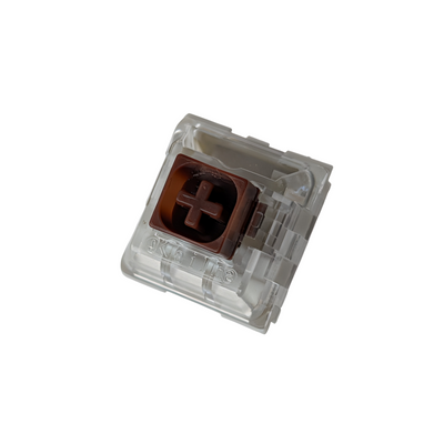 Close-up of a Kailh Box Brown tactile switch for custom mechanical keyboards featuring a brown cross-stem with a protective square dust-proof wall.