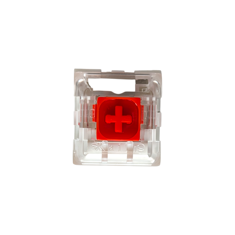 Upclose front view of Kailh Box Red mechanical switch, a 45g lightweight linear switch optimized for fast-paced gaming and rapid-trigger performance in hot-swappable DIY keyboard builds.
