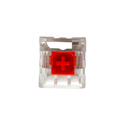 Upclose front view of Kailh Box Red mechanical switch, a 45g lightweight linear switch optimized for fast-paced gaming and rapid-trigger performance in hot-swappable DIY keyboard builds.