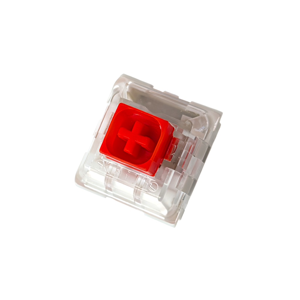 Macro view of a Kailh Box Red linear switch for custom mechanical keyboards, highlighting the dust-proof box stem design and red cross-mount for cherry profile keycap compatibility.