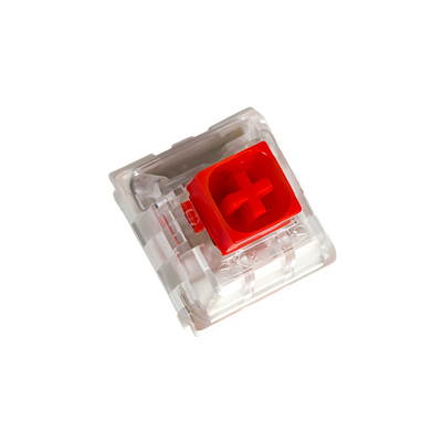 Close-up of a Kailh Box Red switch with a transparent upper housing, showing the 3-pin plate mount design and LED slot for vibrant per-key RGB lighting in custom keyboard kits.