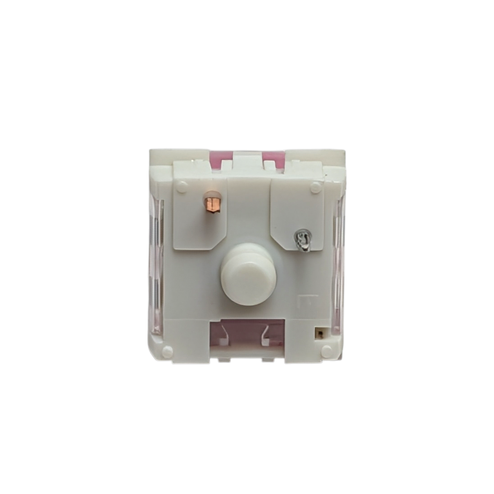 A single Kailh Speed Pink clicky switch with a 50g actuation force, showcasing the high-quality gold-plated contact points and pink stem for tactile typing