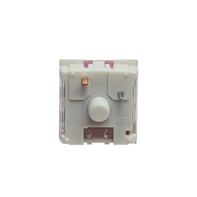 A single Kailh Speed Pink clicky switch with a 50g actuation force, showcasing the high-quality gold-plated contact points and pink stem for tactile typing