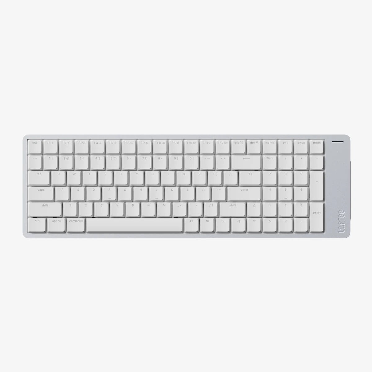 A minimalist white wireless keyboard with a slim profile and a small vertical brand logo on the right edge, shown from a top-down perspective against a light gray background.