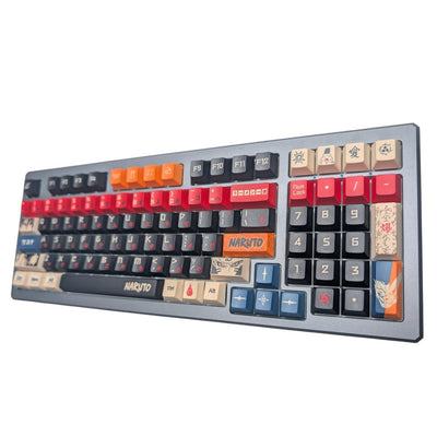 A custom mechanical keyboard themed after Naruto, featuring a dark gray chassis with keys styled in red, orange, beige, and blue, with character and element symbols printed on them.