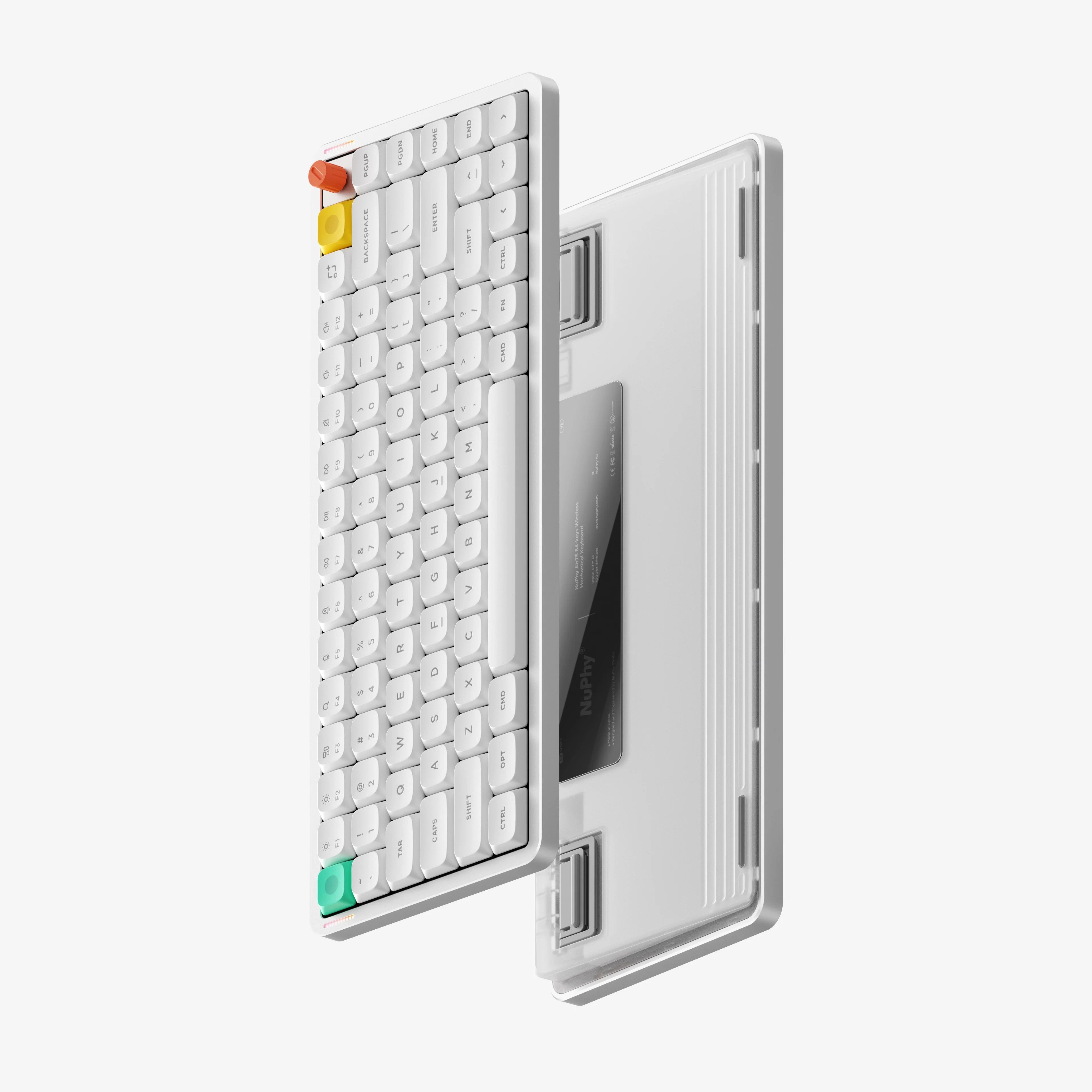 Compact keyboard with white keys and colorful escape key on a white background