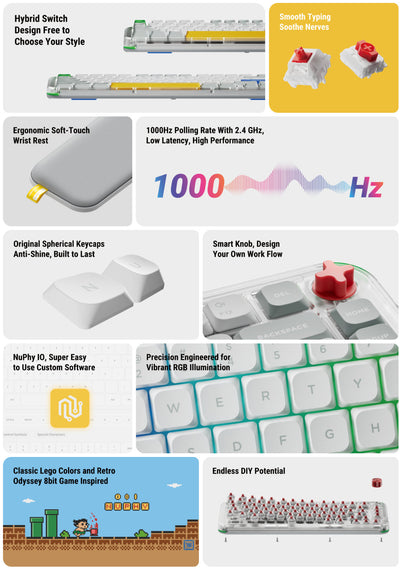A promotional infographic collage for a mechanical keyboard switch kit, showing multiple product close-ups, feature callouts, and marketing text on a white background. The collage includes photos of keyboard switches, a close-up of a keyboard with colored keycaps, and text highlighting features such as hybrid switch design, ergonomic wrist rest, smooth switch nerves, high polling rate, spherical keycaps, smart knob, NuPhy IQ software, and retro-inspired color options.