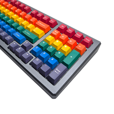 Close-up of Rainbow Burst keycaps, highlighting vivid colors.