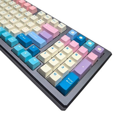 Detailed shot of the middle tray keycaps showing pink, purple, and blue gradient keycaps with white and blue legends.
