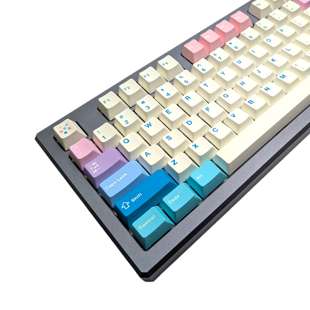 Angled view of an assembled mechanical keyboard featuring the "Azure Horizon" pastel keycaps with blue accents and novelty star keys.
