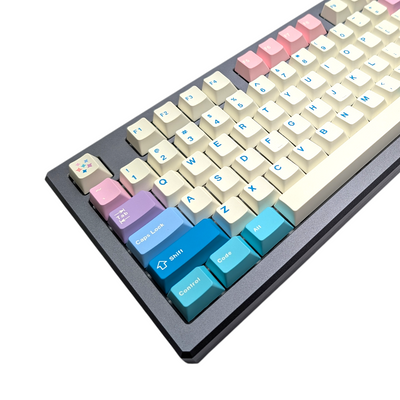 Angled view of an assembled mechanical keyboard featuring the "Azure Horizon" pastel keycaps with blue accents and novelty star keys.