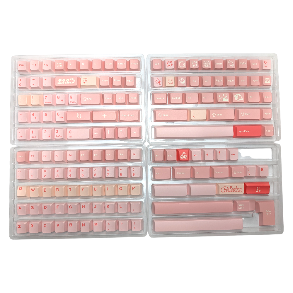 op-down view of a mechanical keyboard featuring various shades of pink keycaps.