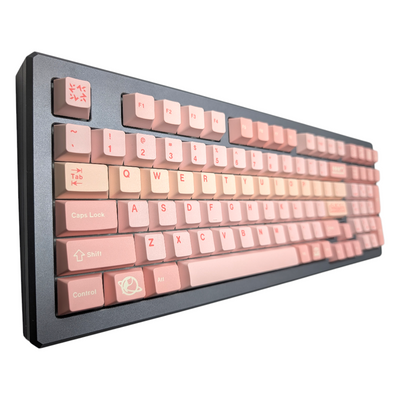 Close-up view of "Bubblegum Bliss" pink PBT keycaps on an assembled mechanical keyboard.