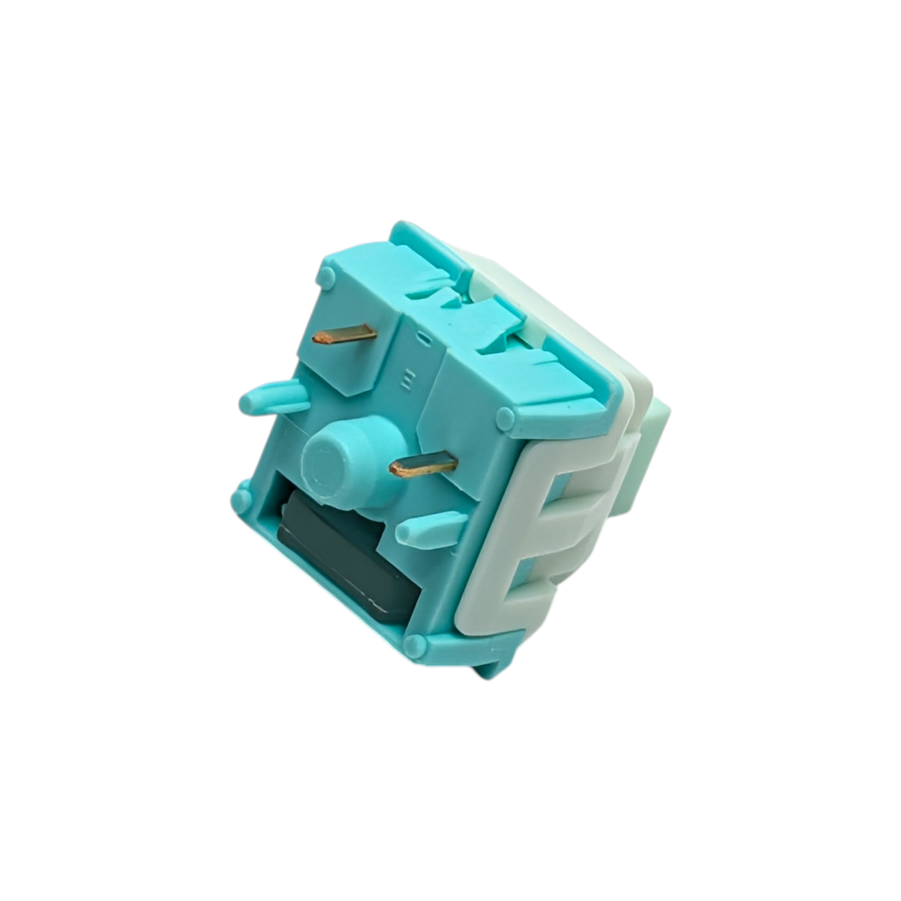 Up-close shot of a WEKT Nafu linear switch showing 5-pin PCB mount compatibility, ideal for hotswap mechanical keyboards and quiet "thocky" sound profiles.