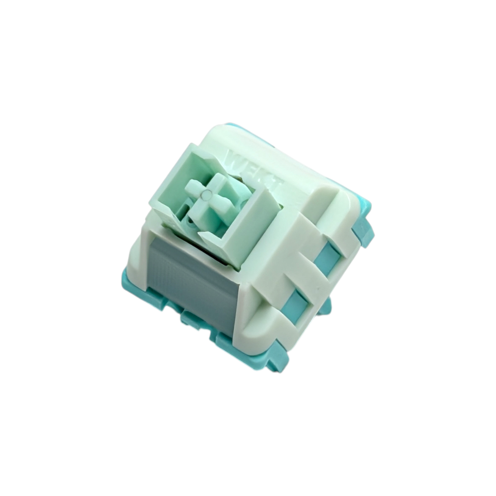 Close-up of WEKT Nafu Silent Linear switches for custom mechanical keyboards, featuring a premium housing design and dust-proof stem for a quiet typing experience.