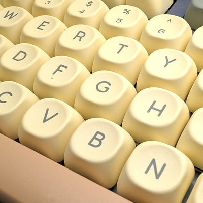 Macro close-up shot showing the smooth matte texture and dye-sublimated legends of 1.7mm thick PBT MOA keycaps.