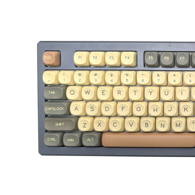 Close-up view of Hojicha Matcha Latte MOA profile PBT keycaps installed on a mechanical keyboard.