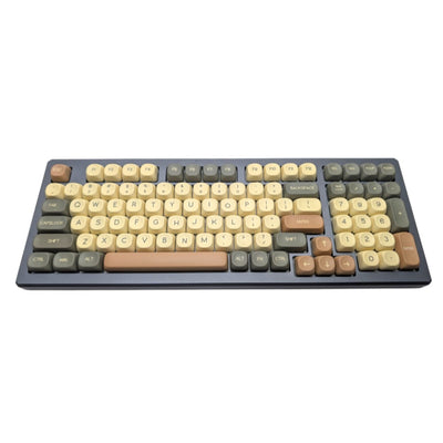 Overhead view of a full-size mechanical keyboard fully fitted with Hojicha Matcha Latte MOA keycaps featuring cream alphas and brown modifiers.