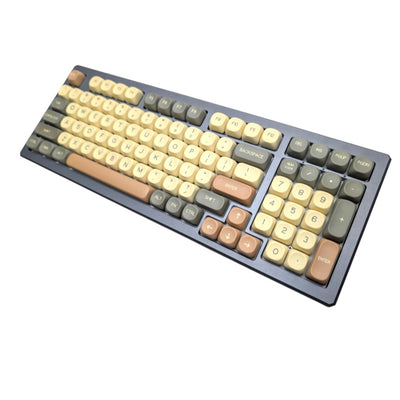 op-angled perspective of a mechanical keyboard equipped with the Hojicha Matcha Latte MOA profile dye-sub keycap set.