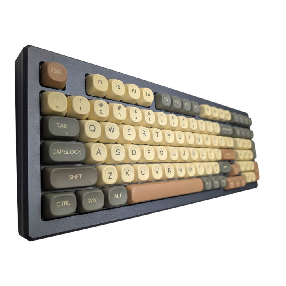 Side perspective highlighting the uniform height and rounded edges of MOA profile PBT keycaps.
