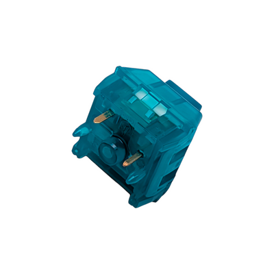 Macro view of the Kailh Box Midnight Jade switch's transparent PC top housing and 18K gold contact points for 80 million keystroke durability