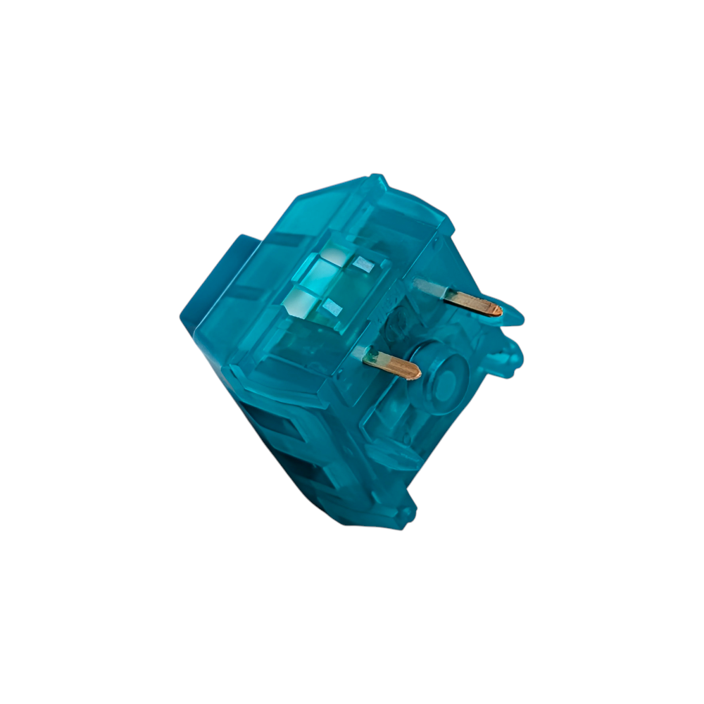 Close-up of Kailh Box Midnight Jade switch showing the 3-pin PCB mount and dustproof square stem design for MX keycap compatibility