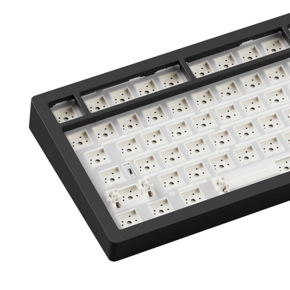 Close-up of a mechanical keyboard frame with white keycaps on a white  Monsgeek M2 V5 VIA 96% Mechanical Keyboard background