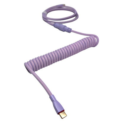 Underside of the Lavender Dream keyboard cable highlighting the seamless metal finish and gold-plated USB-C to USB-A connectors.